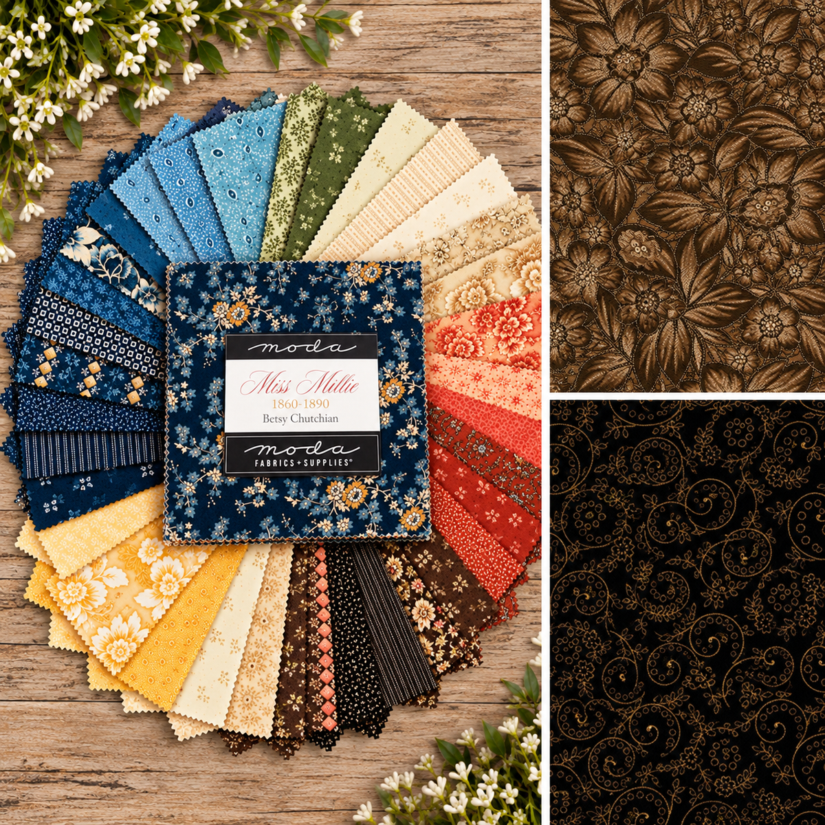 1850–1890 Civil War-era reproduction collection inspired by pioneer diarist Mollie Dorsey Sanford, featuring warm browns, faded blues, soft golds, and deep reds.