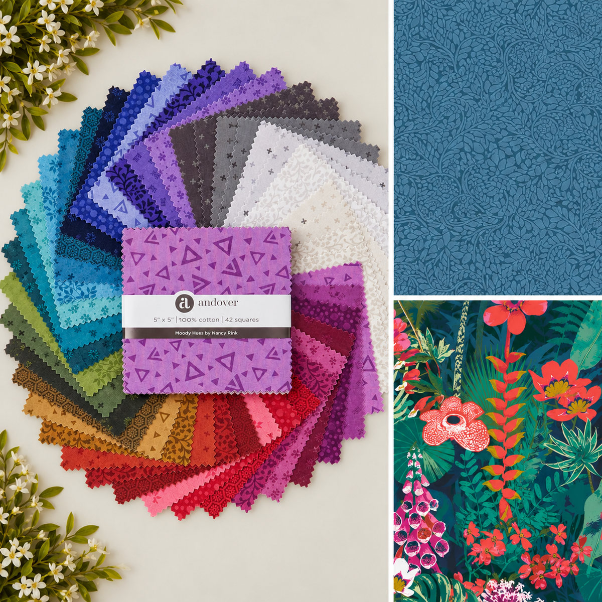 • Features tonal prints including flowers, stars, geometrics, vines, and dots.
• Color Palette: Includes rich shades of teal, magenta, pink, burgundy, wine, purple, green, cream, rust, and gold