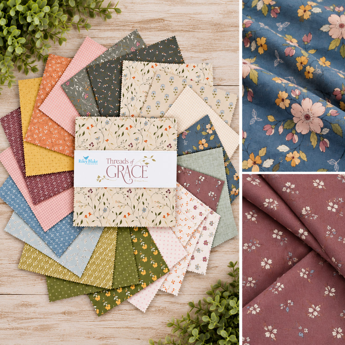 Dainty vintage-inspired floral prints, birds, and geometric patterns in shades of green, taupe, clay, sky, gold, and rose on soft neutral backgrounds.